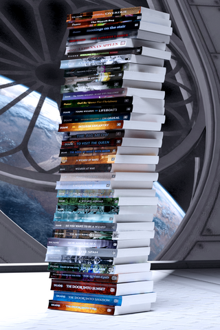A stack of all the books by Diane Duane and Peter Morwood contained in this collection: as seen from inside a vehicle in Earth orbit